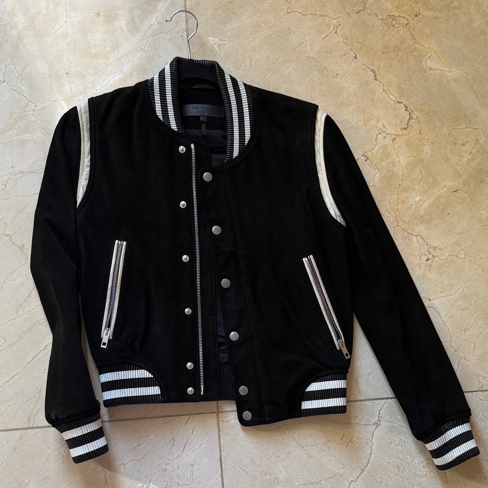 RAG & BONE Black Suede Leather varsity Bomber Jacket